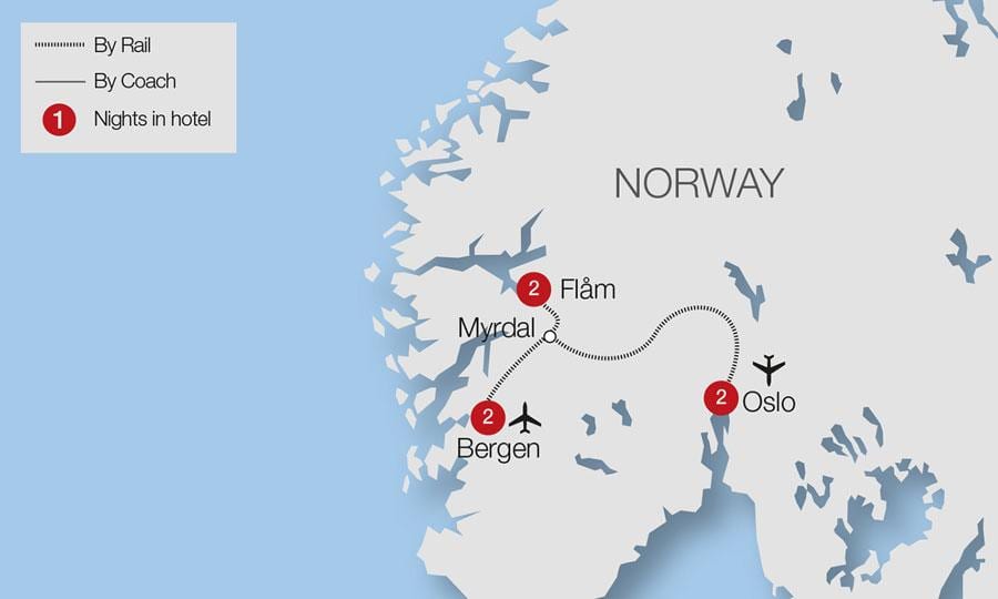 Kort af flam járnbraut Noregi