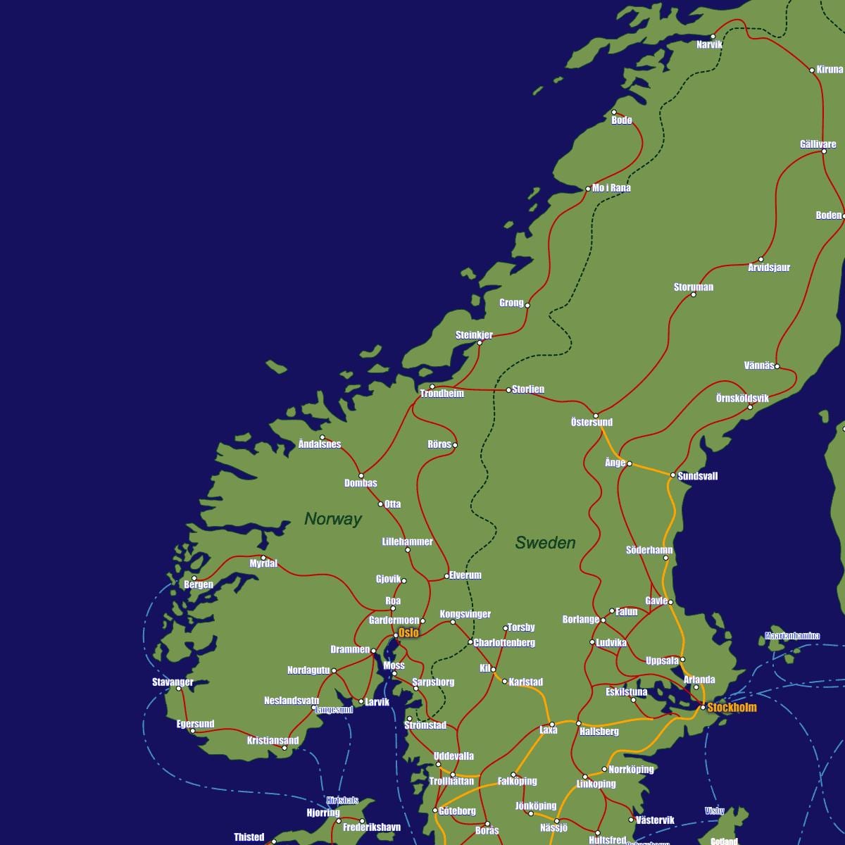 Kort af Noregi lest leiðum