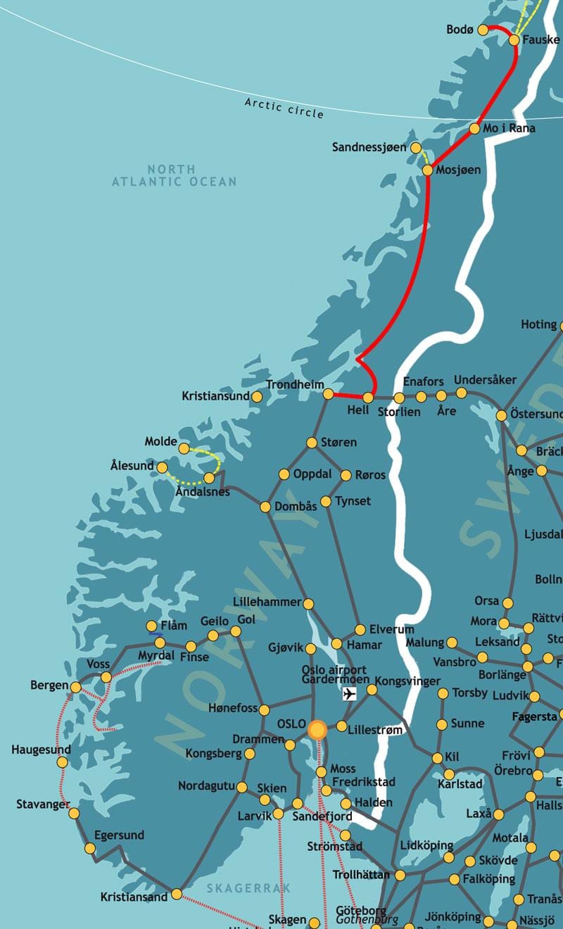 Kort af Noregi norður járnbraut