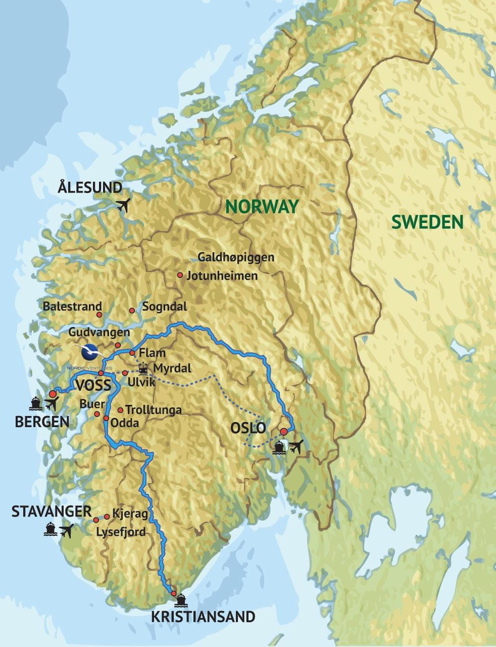 Kort af suðvestur Noregi