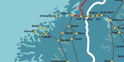 Kort af Noregi norður járnbraut