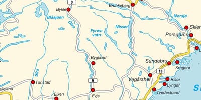 Kort af suður Noregi